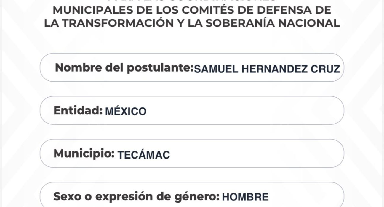 Solicitud de registro de Samuel Hernández Cruz para la coordinación municipal de Morena en Tecámac, fechada el 13 de octubre de 2026.