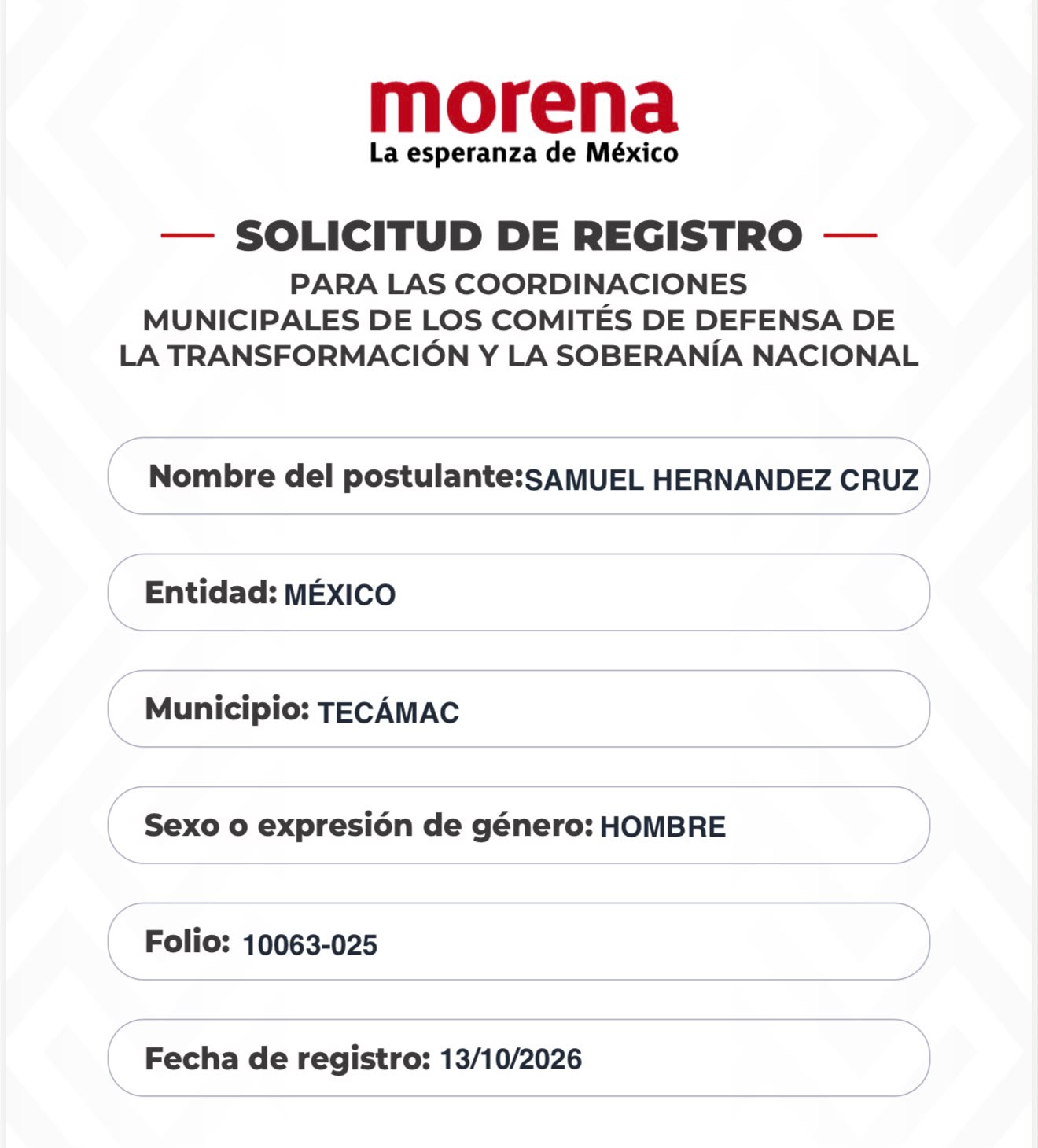 Solicitud de registro de Samuel Hernández Cruz para la coordinación municipal de Morena en Tecámac, fechada el 13 de octubre de 2026.